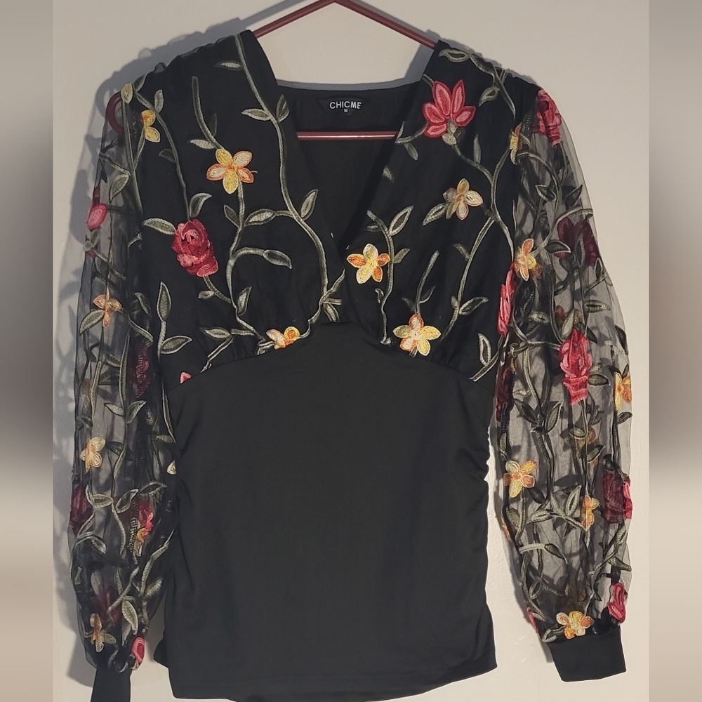 ChicMe Black Floral Embroidered Blouse